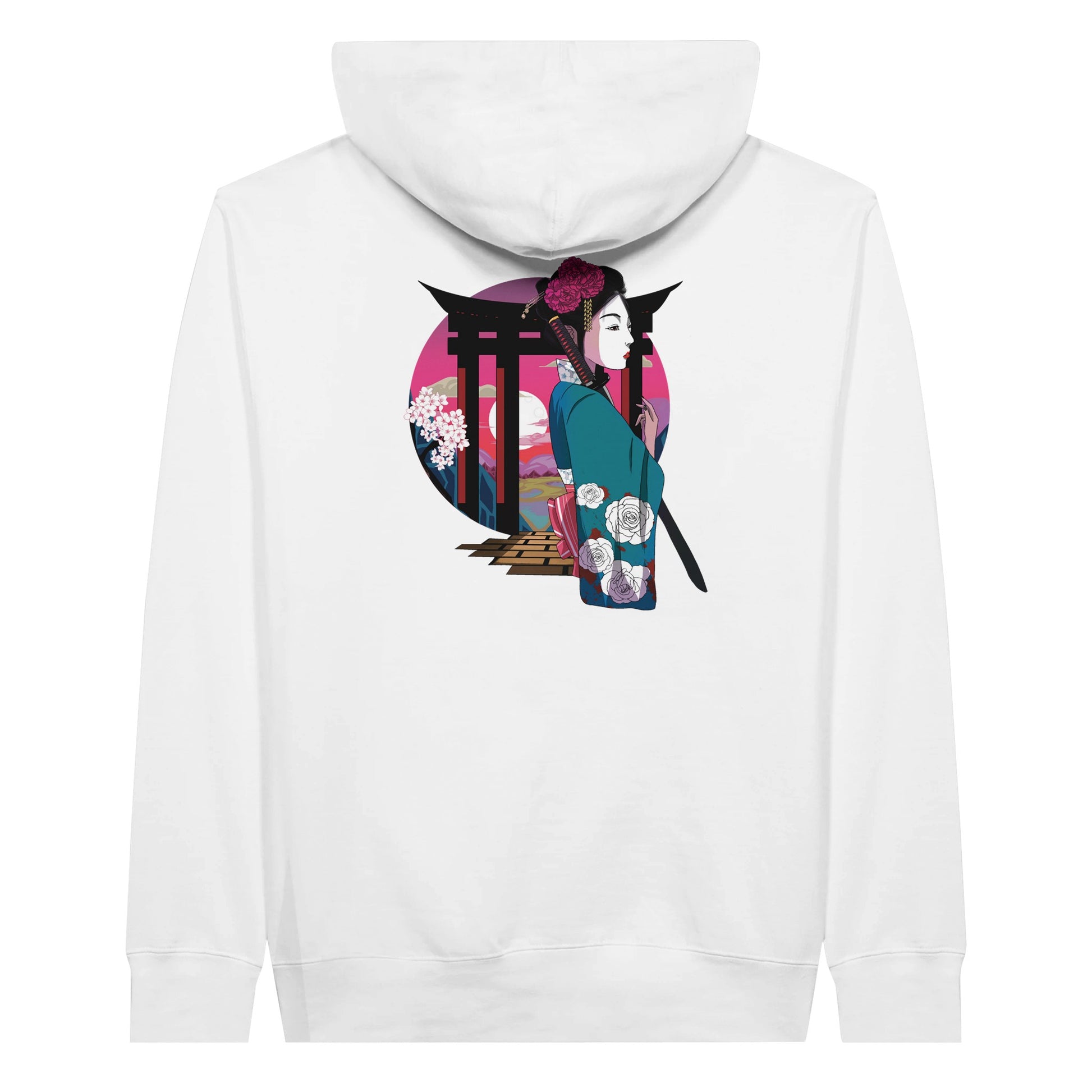 White premium hoodie featuring a print of a Japanese woman in traditional attire with a sword, standing in front of Torii gates with a sunset background.