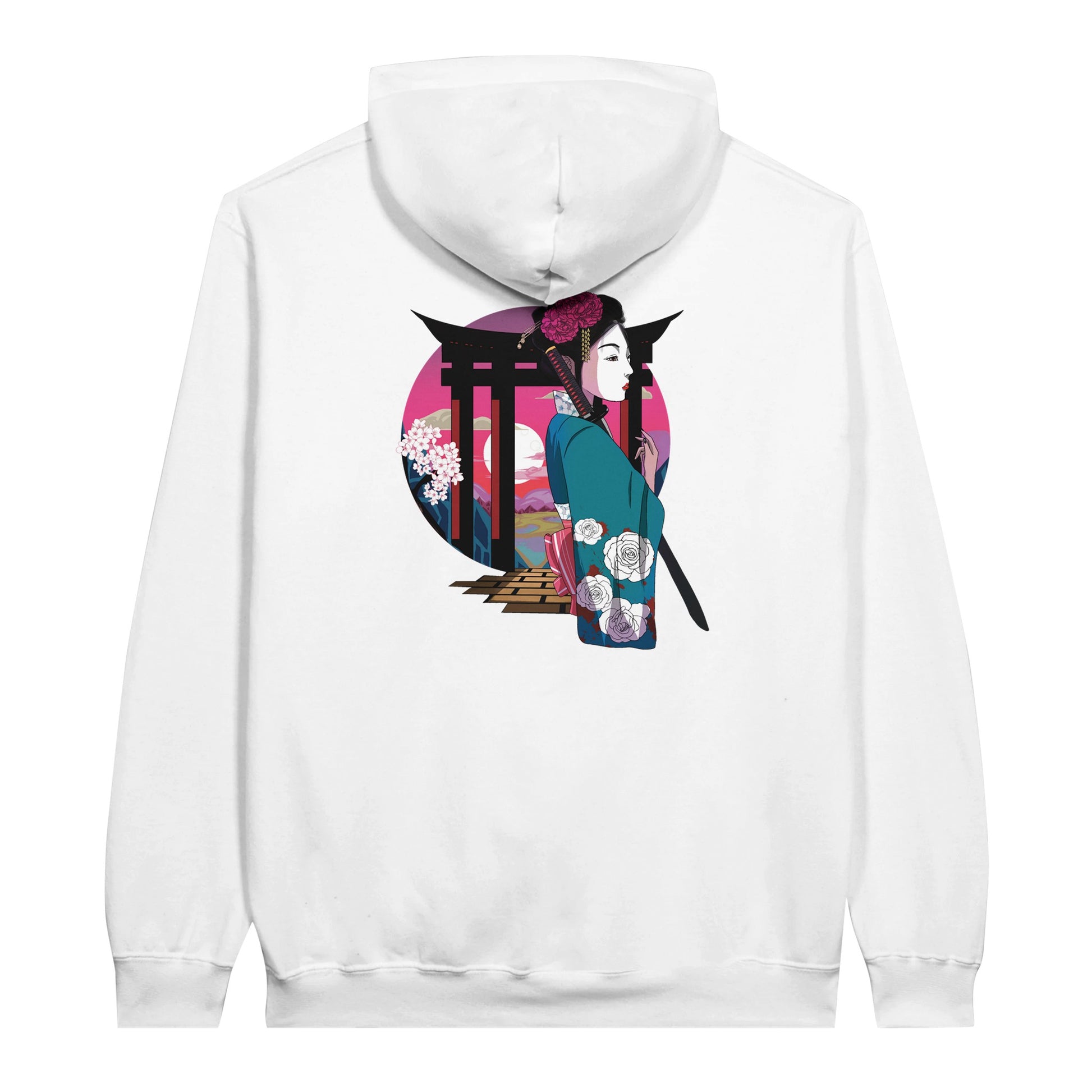 White value hoodie featuring a print of a Japanese woman in traditional attire with a sword, standing in front of Torii gates with a sunset background.