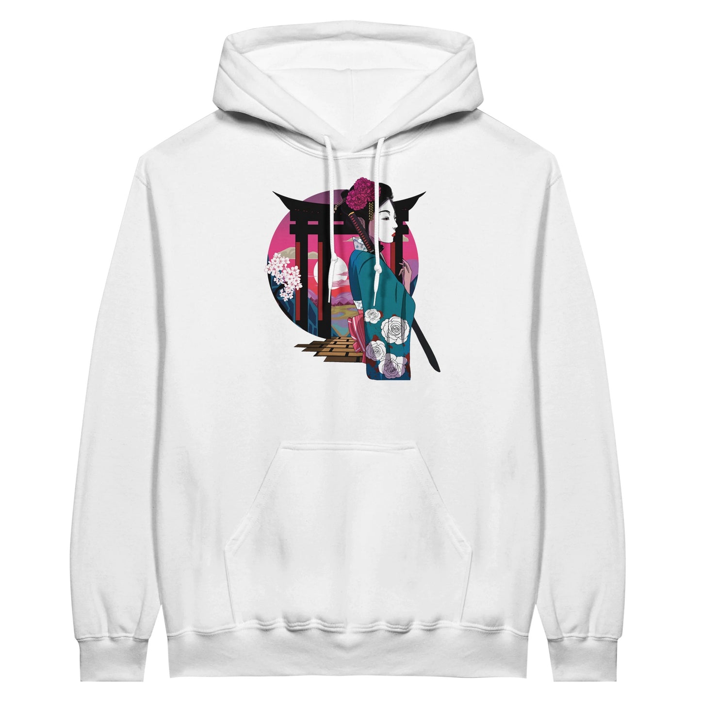 White value hoodie featuring a print of a Japanese woman in traditional attire with a sword, standing in front of Torii gates with a sunset background.