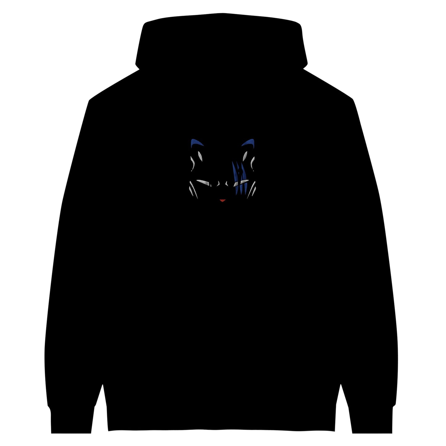 White and blue mask outlines embroidered on a black hoodie.