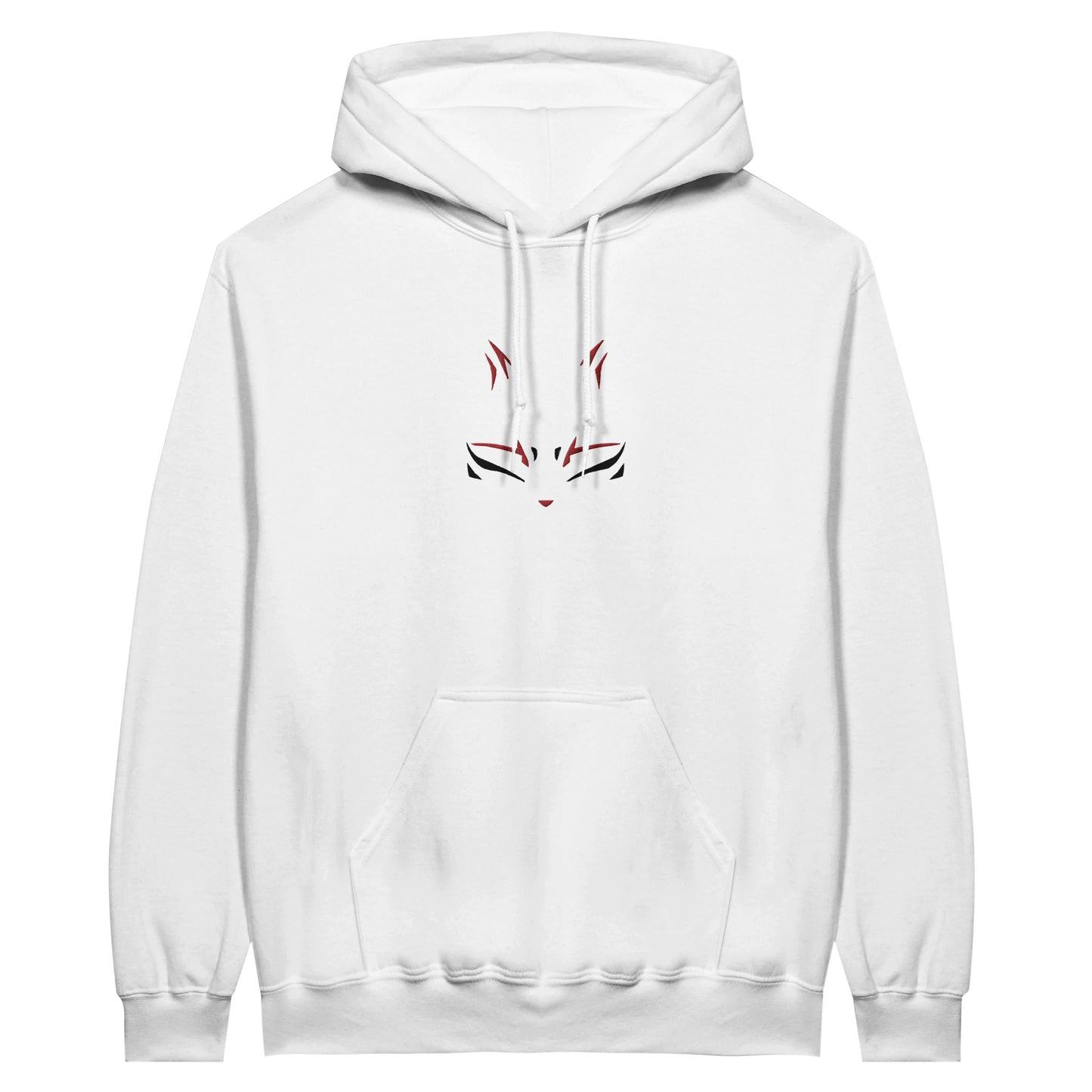 Black and red mask outlines embroidered on a white hoodie.