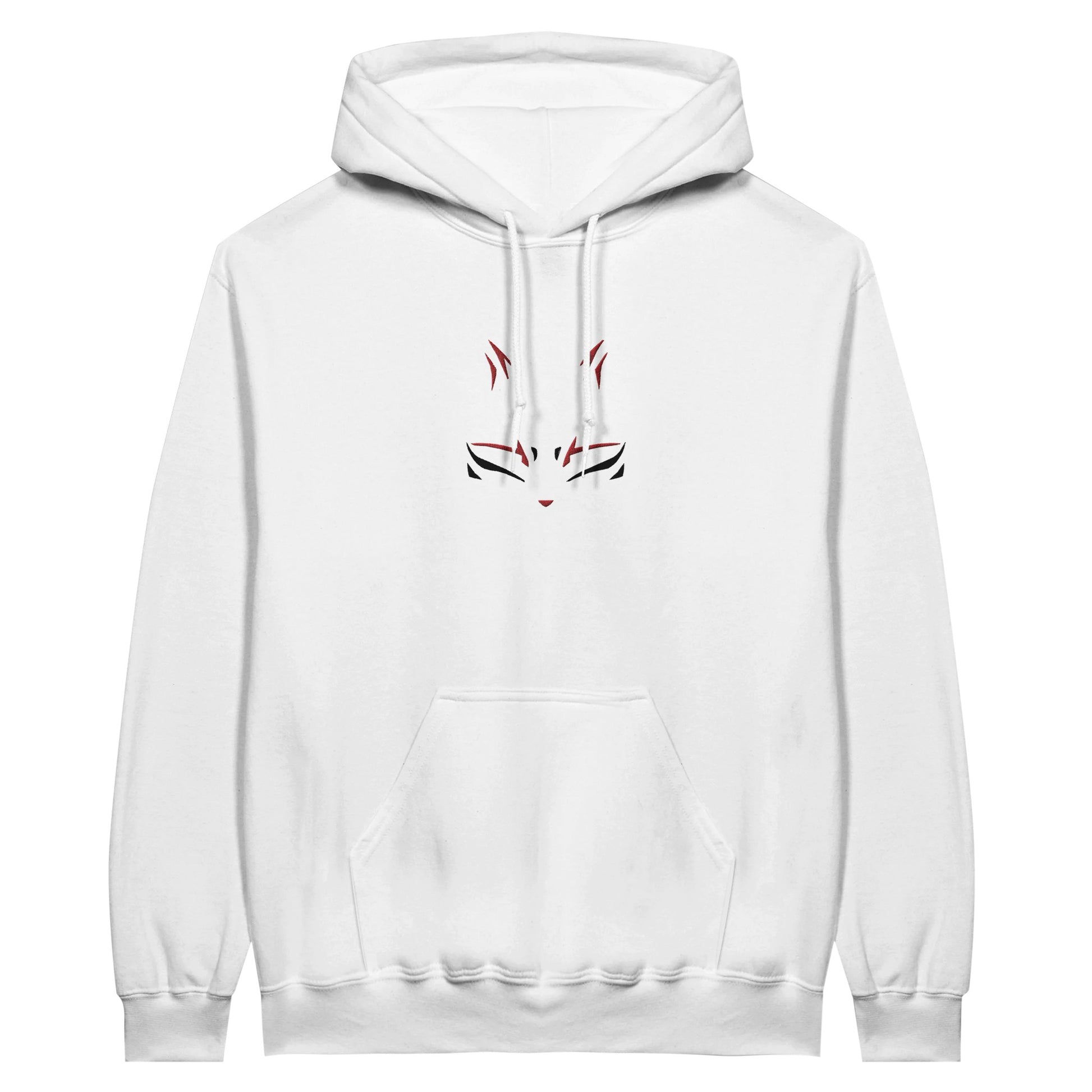 Black and red mask outlines embroidered on a white hoodie.