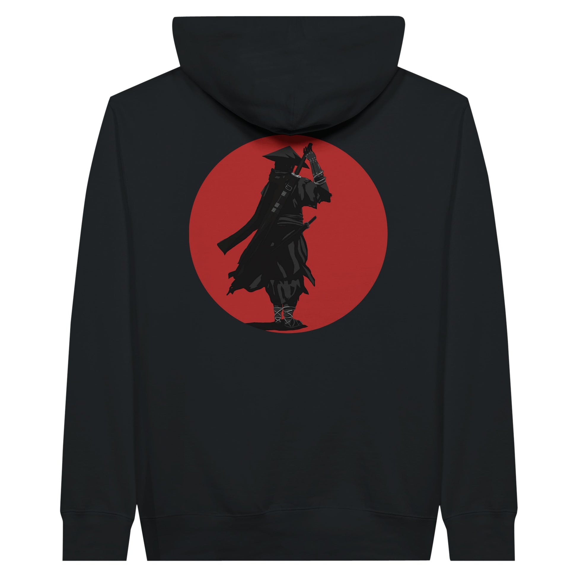 Black premium hoodie featuring a print of a lone ronin, depicted in silhouette, standing with a sword in front of a red circle backdrop.