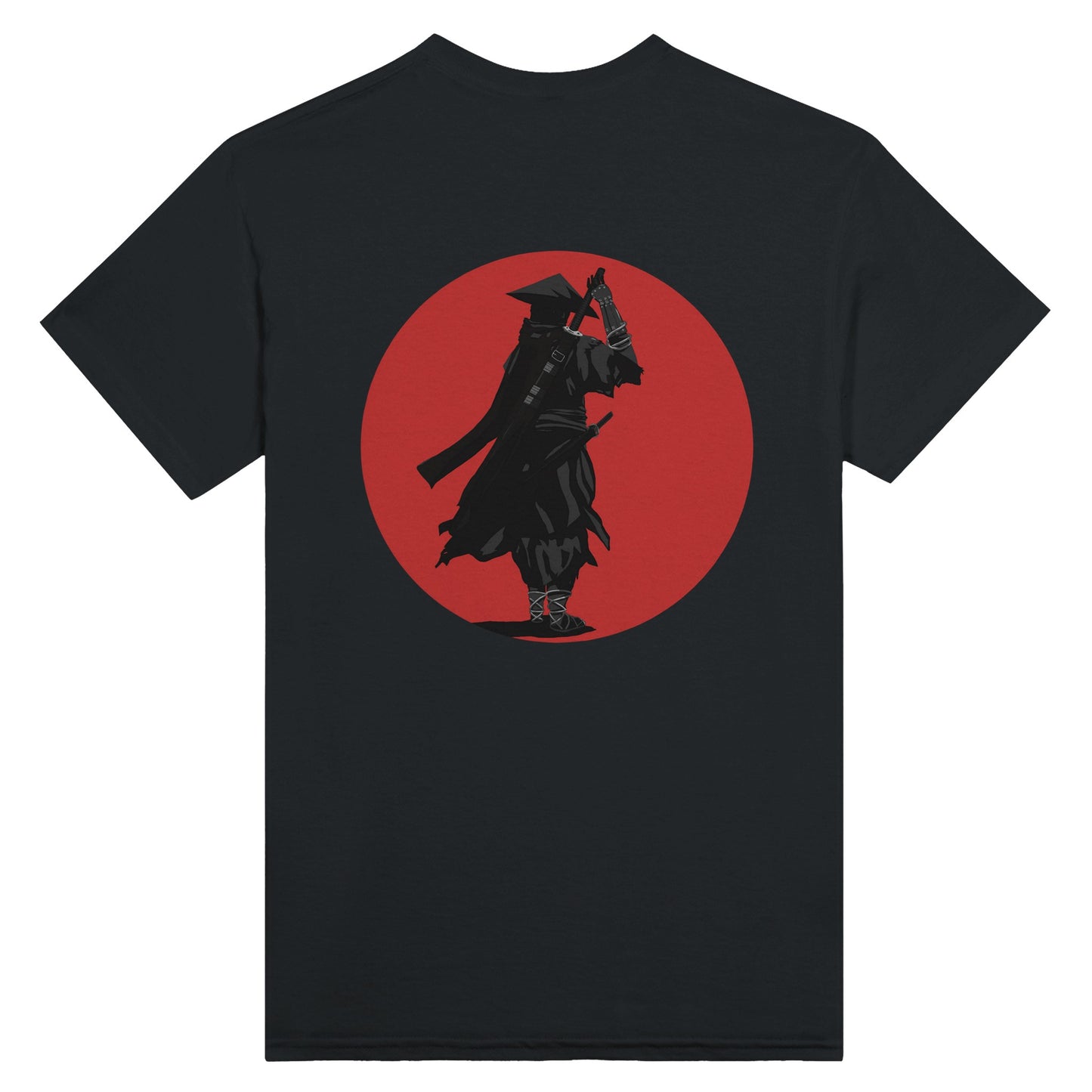 Black t-shirt featuring a print of a lone ronin, depicted in silhouette, standing with a sword in front of a red circle backdrop.