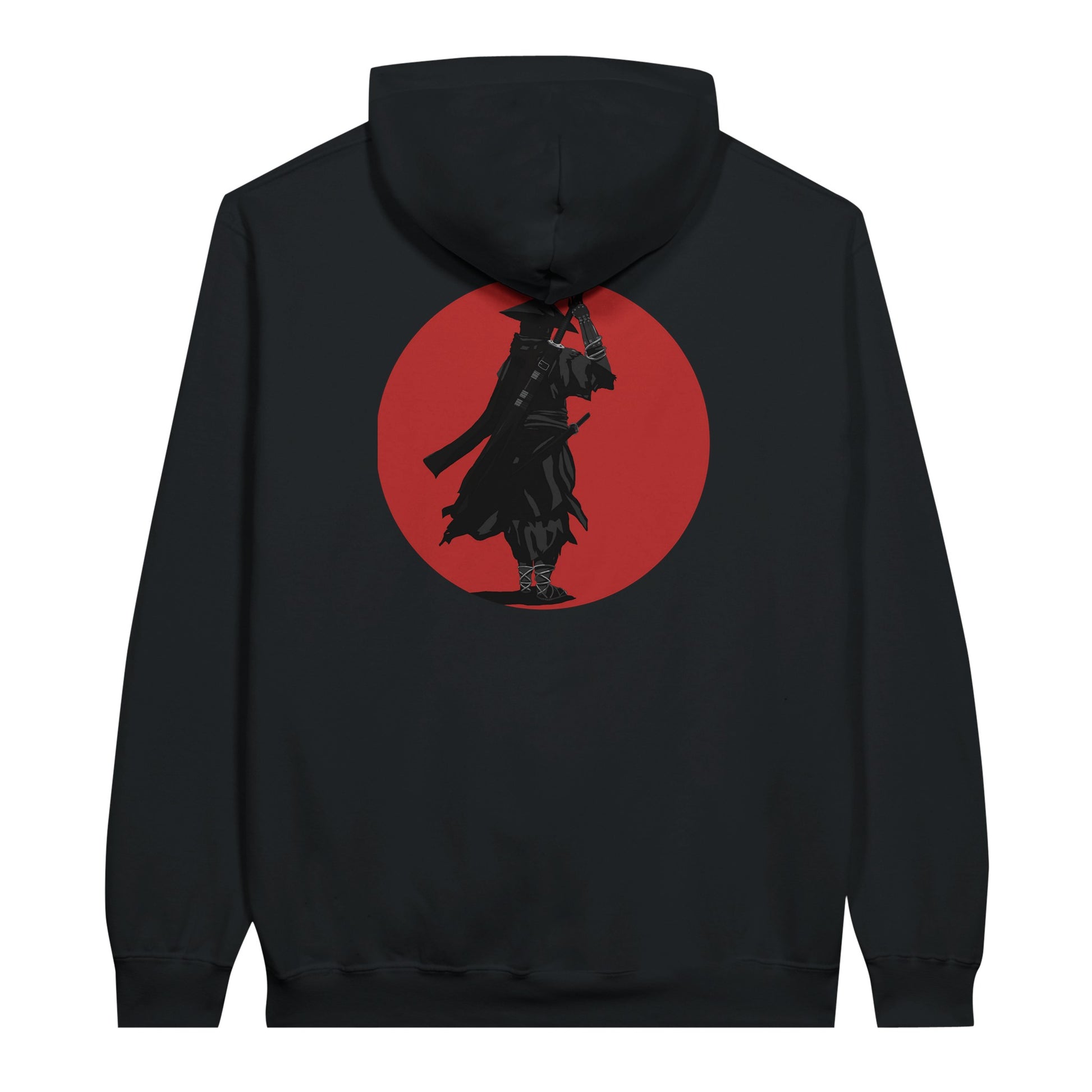 Black value hoodie featuring a print of a lone ronin, depicted in silhouette, standing with a sword in front of a red circle backdrop.