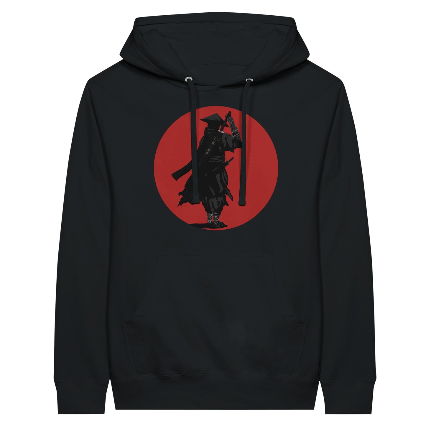 Black premium hoodie featuring a print of a lone ronin, depicted in silhouette, standing with a sword in front of a red circle backdrop.