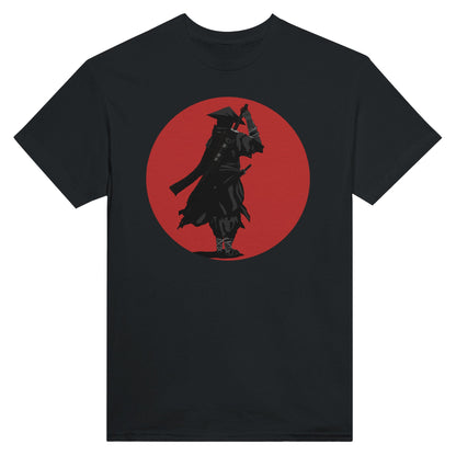 Black t-shirt featuring a print of a lone ronin, depicted in silhouette, standing with a sword in front of a red circle backdrop.