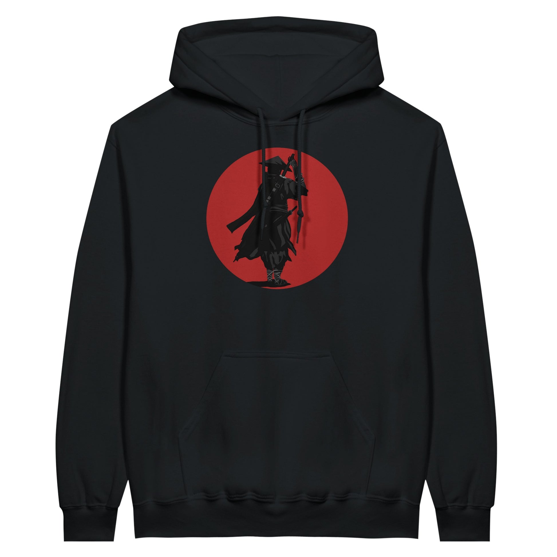 Black value hoodie featuring a print of a lone ronin, depicted in silhouette, standing with a sword in front of a red circle backdrop.