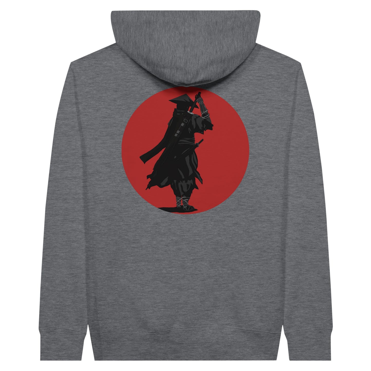 Charcoal heather coloured premium hoodie featuring a print of a lone ronin, depicted in silhouette, standing with a sword in front of a red circle backdrop.