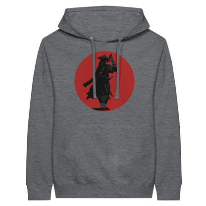 Charcoal heather coloured premium hoodie featuring a print of a lone ronin, depicted in silhouette, standing with a sword in front of a red circle backdrop.