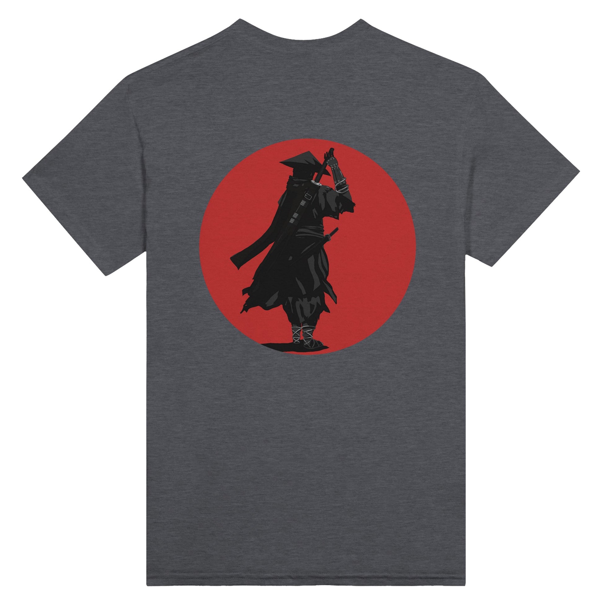 Dark heather coloured t-shirt featuring a print of a lone ronin, depicted in silhouette, standing with a sword in front of a red circle backdrop.