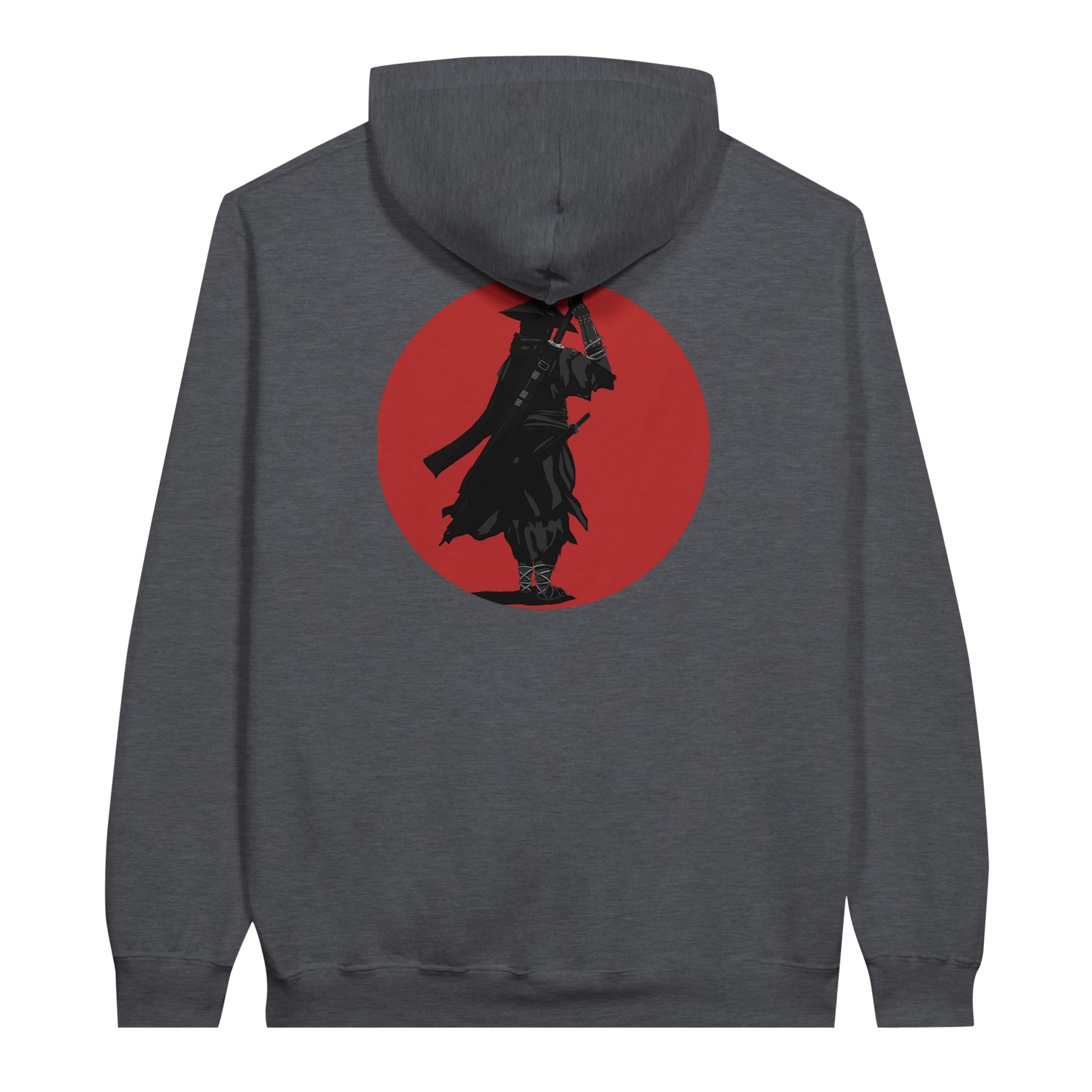 Dark heather coloured value hoodie featuring a print of a lone ronin, depicted in silhouette, standing with a sword in front of a red circle backdrop.