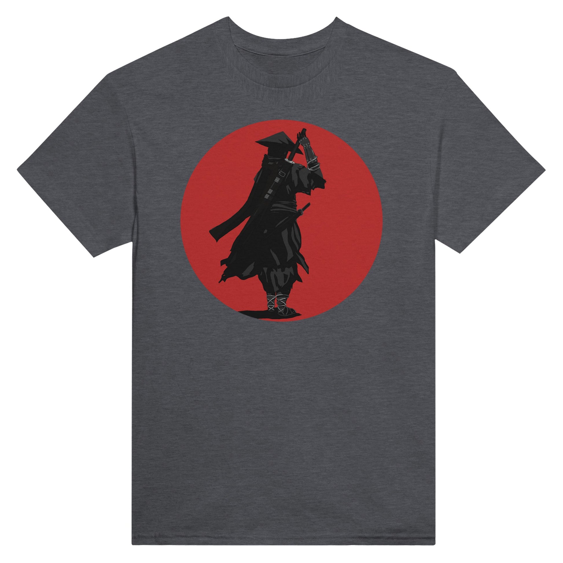 Dark heather coloured t-shirt featuring a print of a lone ronin, depicted in silhouette, standing with a sword in front of a red circle backdrop.