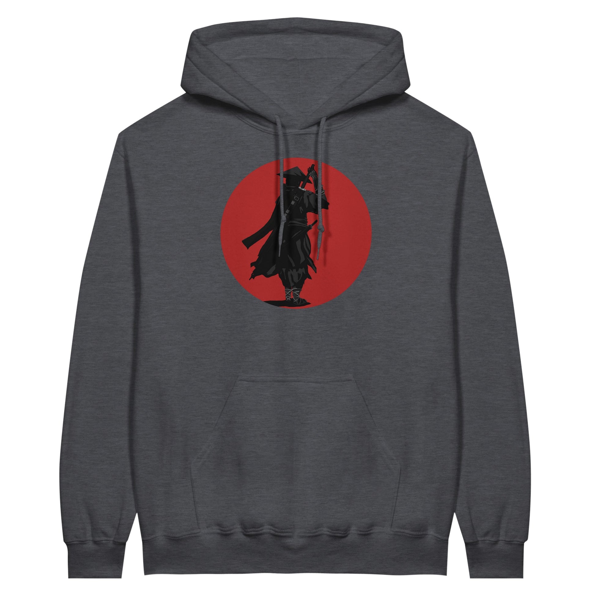 Dark heather coloured value hoodie featuring a print of a lone ronin, depicted in silhouette, standing with a sword in front of a red circle backdrop.