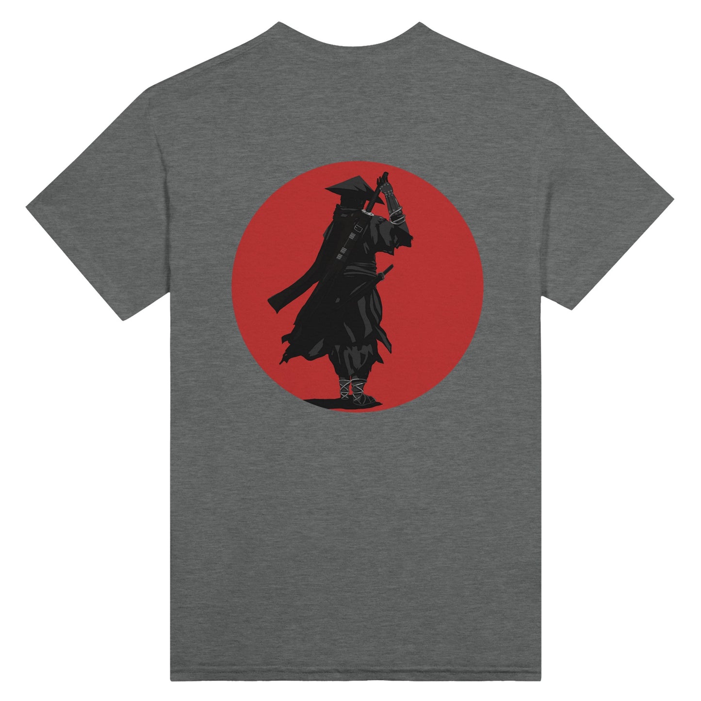 Graphite heather coloured t-shirt featuring a print of a lone ronin, depicted in silhouette, standing with a sword in front of a red circle backdrop.