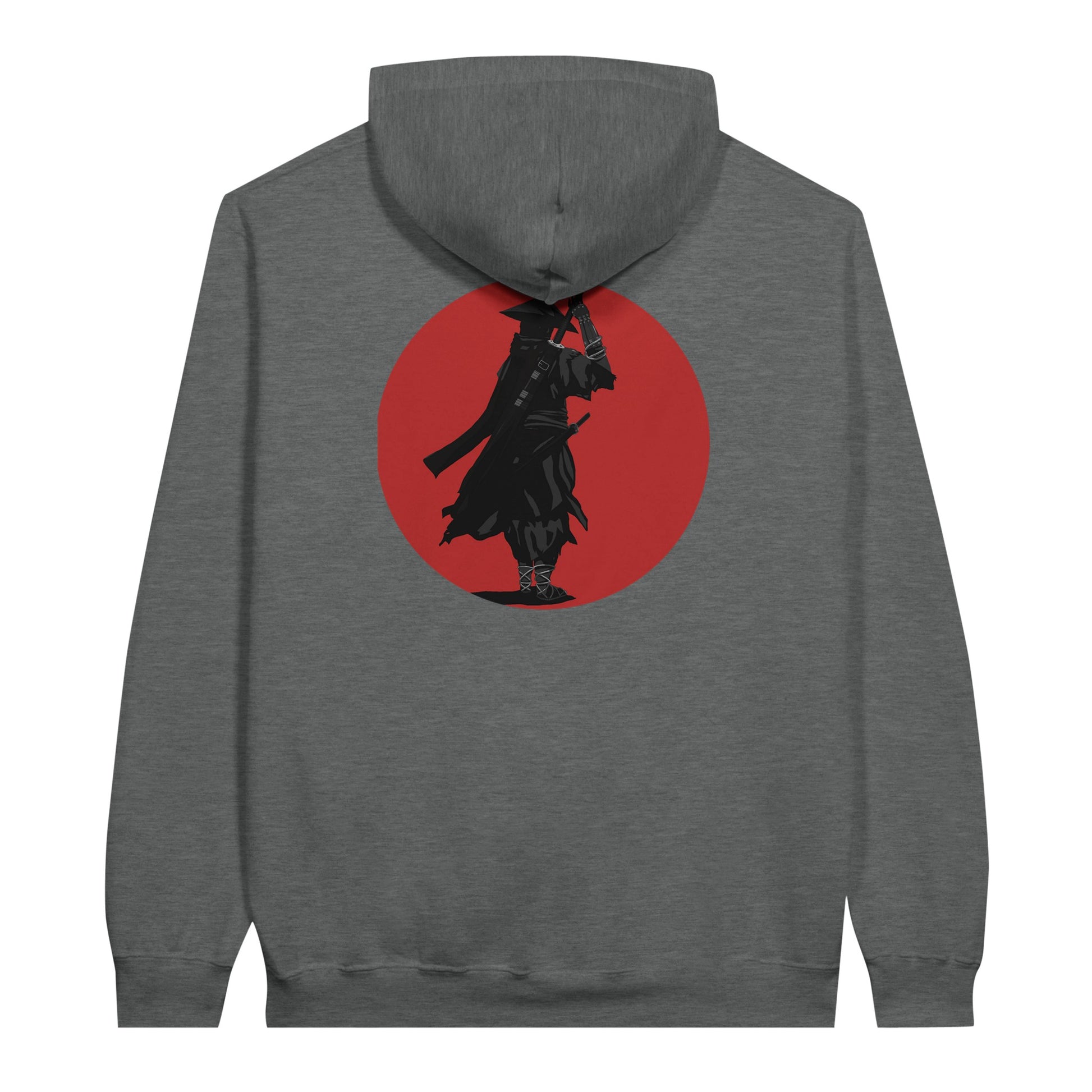 Graphite heather coloured value hoodie featuring a print of a lone ronin, depicted in silhouette, standing with a sword in front of a red circle backdrop.