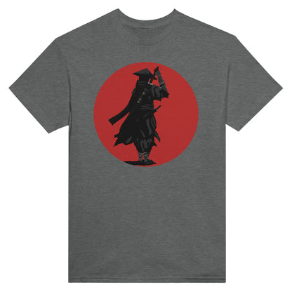 Graphite heather coloured t-shirt featuring a print of a lone ronin, depicted in silhouette, standing with a sword in front of a red circle backdrop.