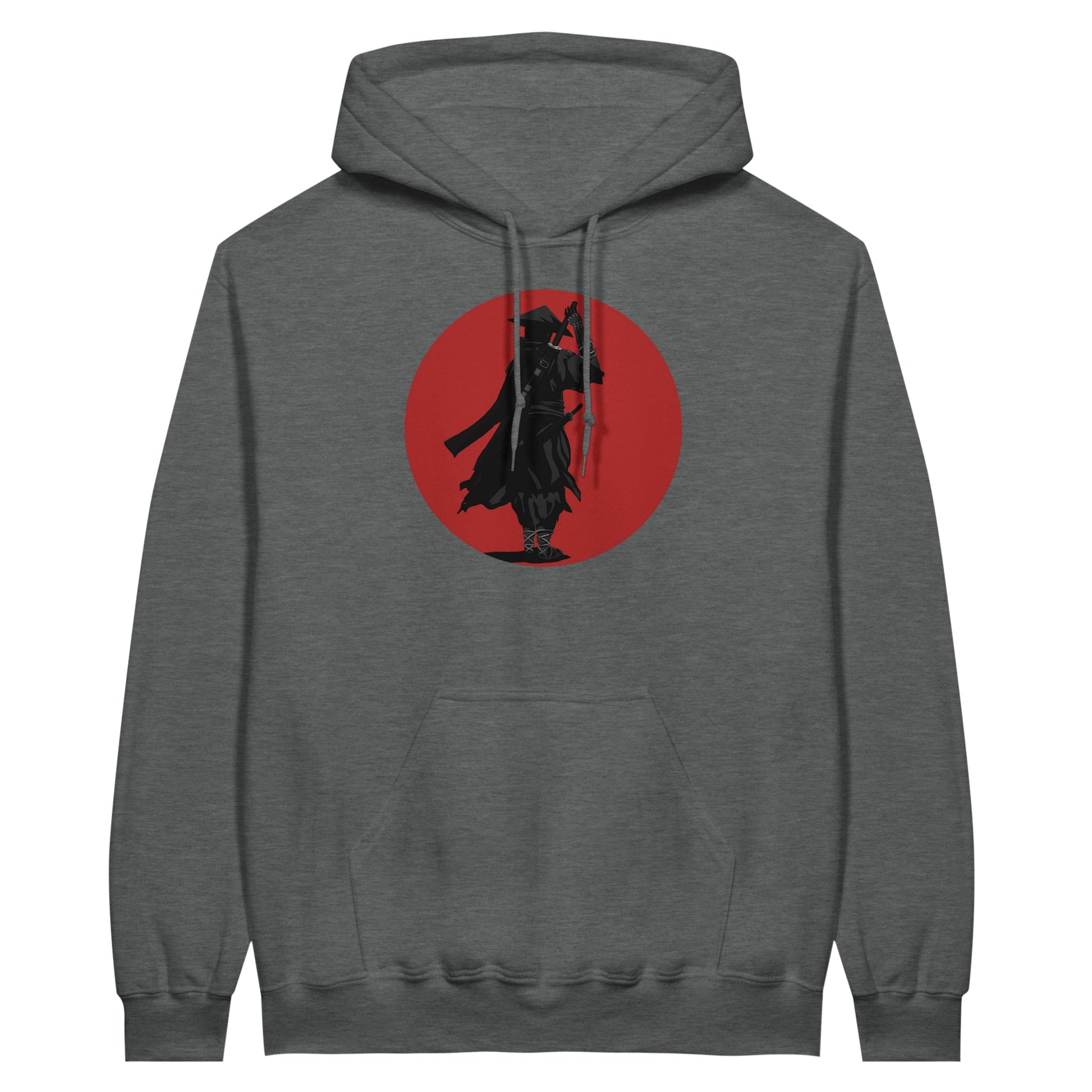 Graphite heather coloured value hoodie featuring a print of a lone ronin, depicted in silhouette, standing with a sword in front of a red circle backdrop.