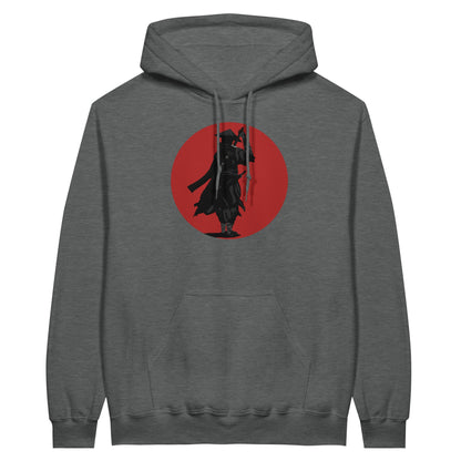 Graphite heather coloured value hoodie featuring a print of a lone ronin, depicted in silhouette, standing with a sword in front of a red circle backdrop.