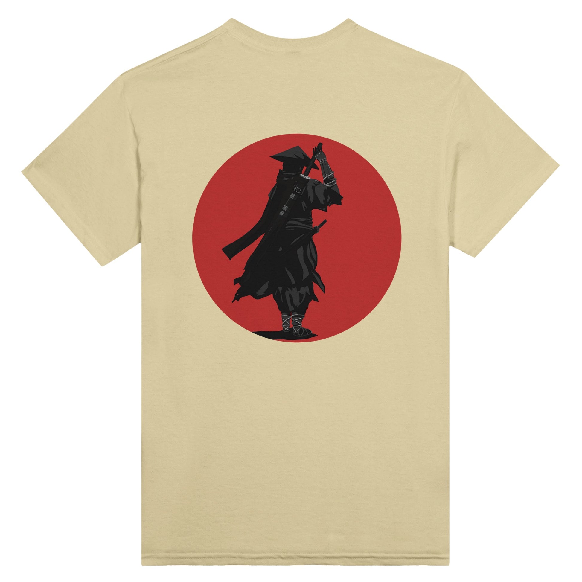 Natural coloured t-shirt featuring a print of a lone ronin, depicted in silhouette, standing with a sword in front of a red circle backdrop.