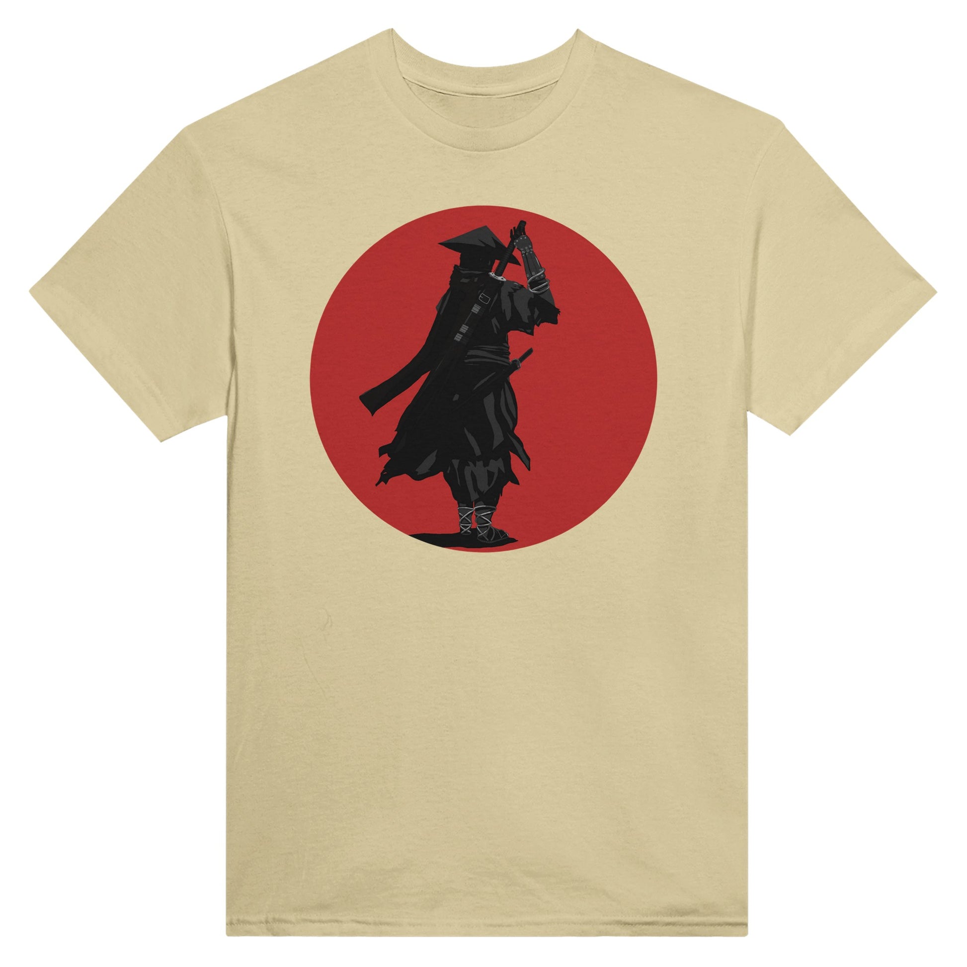 Natural coloured t-shirt featuring a print of a lone ronin, depicted in silhouette, standing with a sword in front of a red circle backdrop.