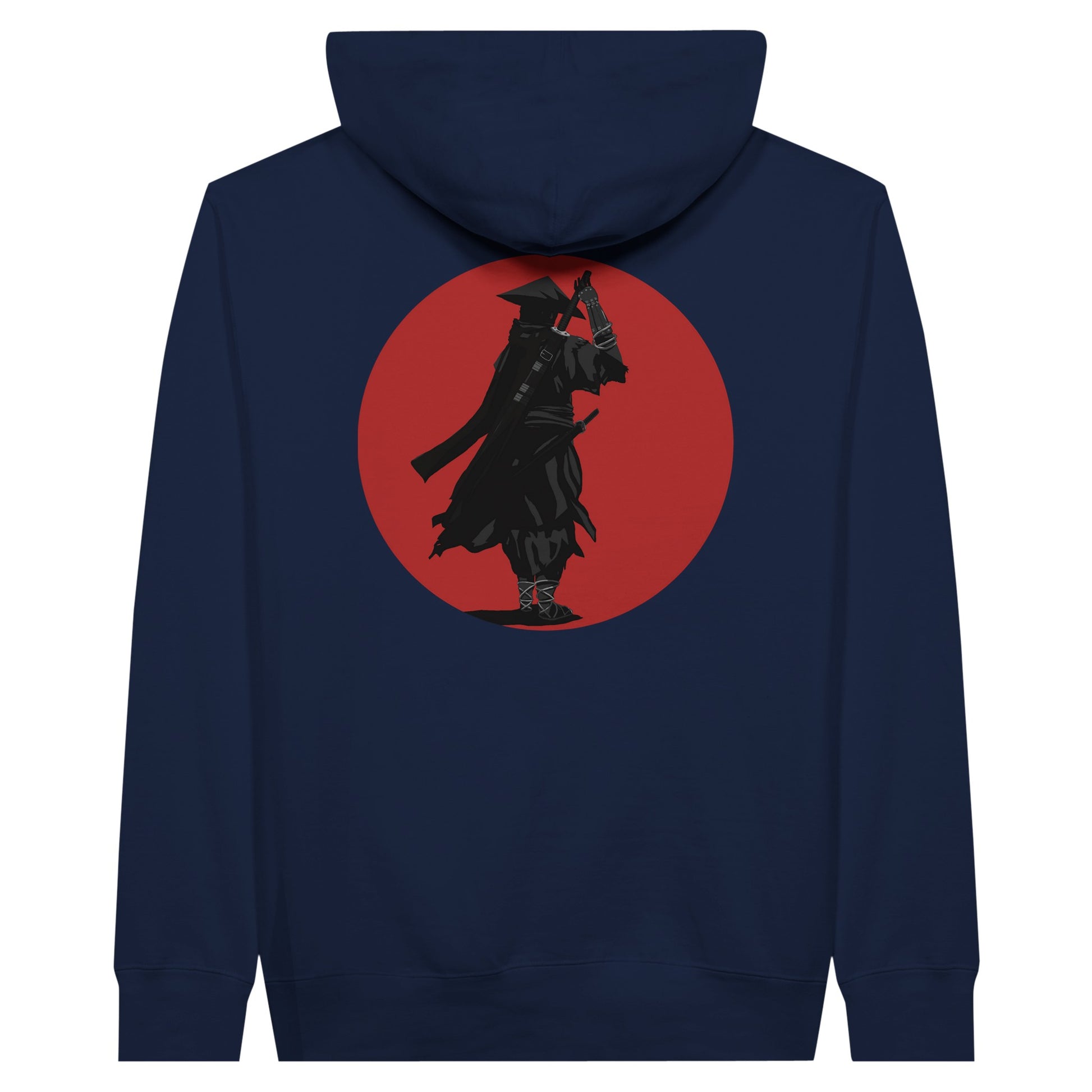 Navy premium hoodie featuring a print of a lone ronin, depicted in silhouette, standing with a sword in front of a red circle backdrop.