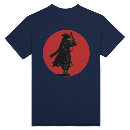 Navy t-shirt featuring a print of a lone ronin, depicted in silhouette, standing with a sword in front of a red circle backdrop.