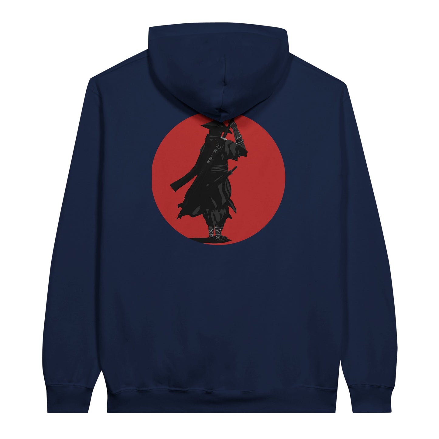 Navy value hoodie featuring a print of a lone ronin, depicted in silhouette, standing with a sword in front of a red circle backdrop.