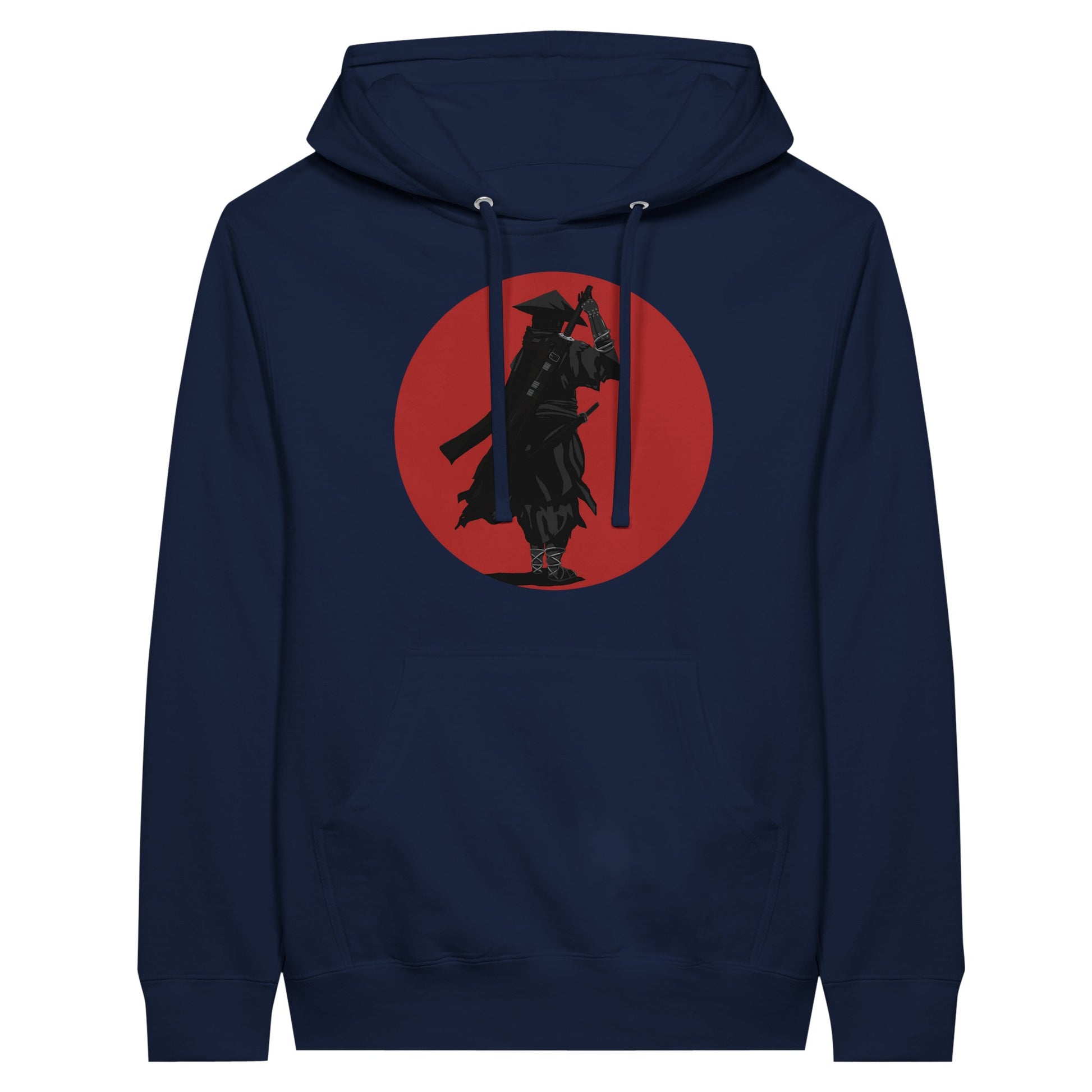 Navy premium hoodie featuring a print of a lone ronin, depicted in silhouette, standing with a sword in front of a red circle backdrop.