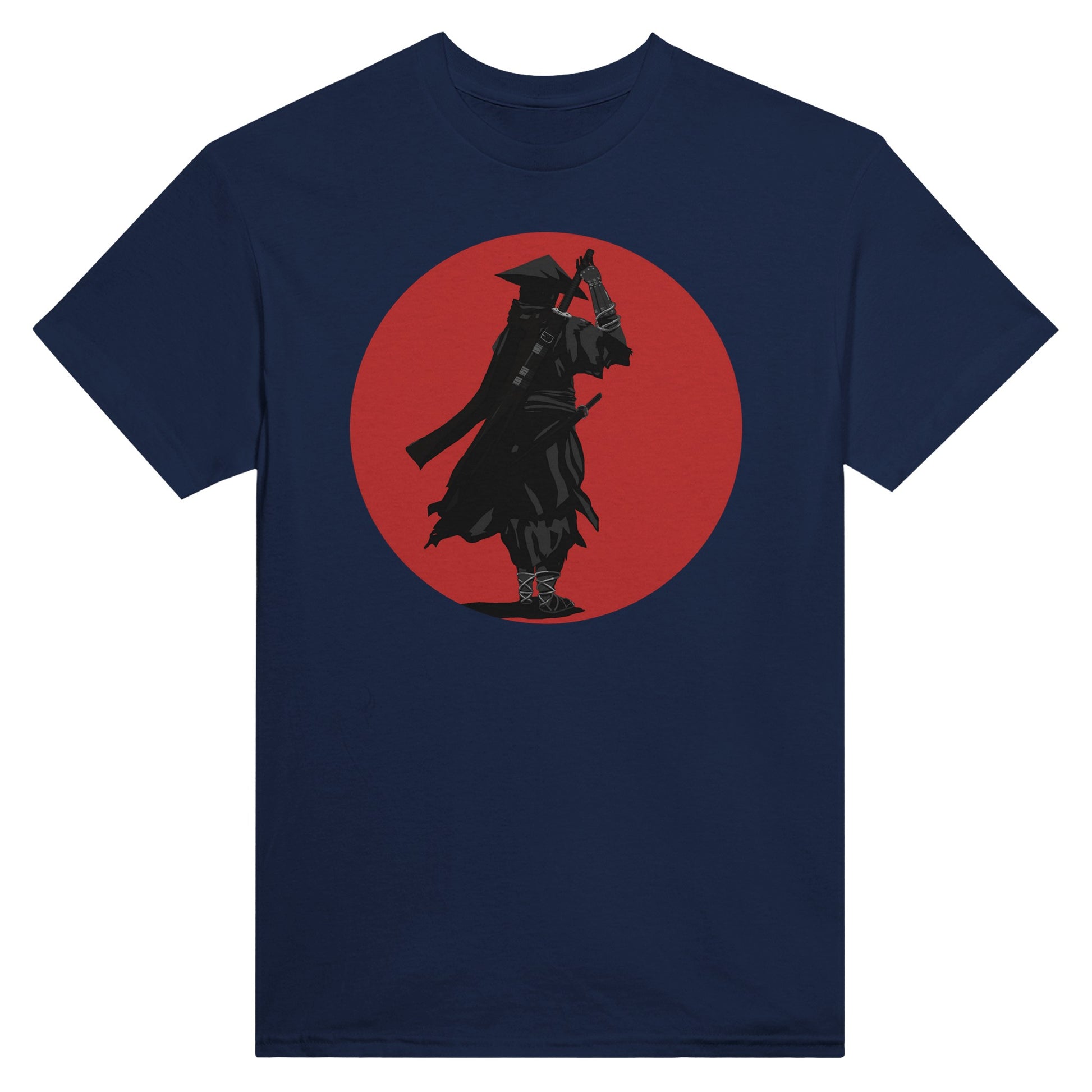 Navy t-shirt featuring a print of a lone ronin, depicted in silhouette, standing with a sword in front of a red circle backdrop.