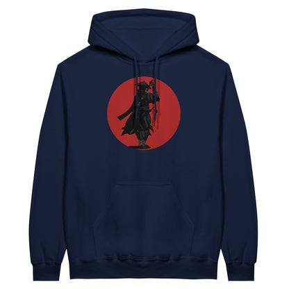 Navy value hoodie featuring a print of a lone ronin, depicted in silhouette, standing with a sword in front of a red circle backdrop.