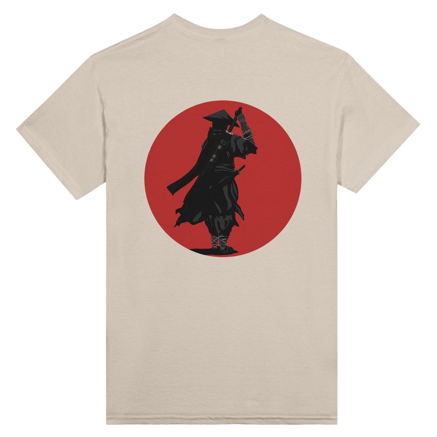 Sand coloured t-shirt featuring a print of a lone ronin, depicted in silhouette, standing with a sword in front of a red circle backdrop.