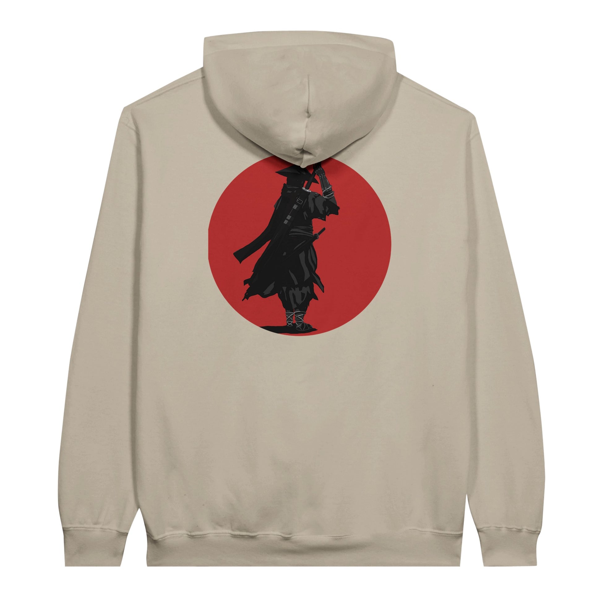 Sand coloured value hoodie featuring a print of a lone ronin, depicted in silhouette, standing with a sword in front of a red circle backdrop.