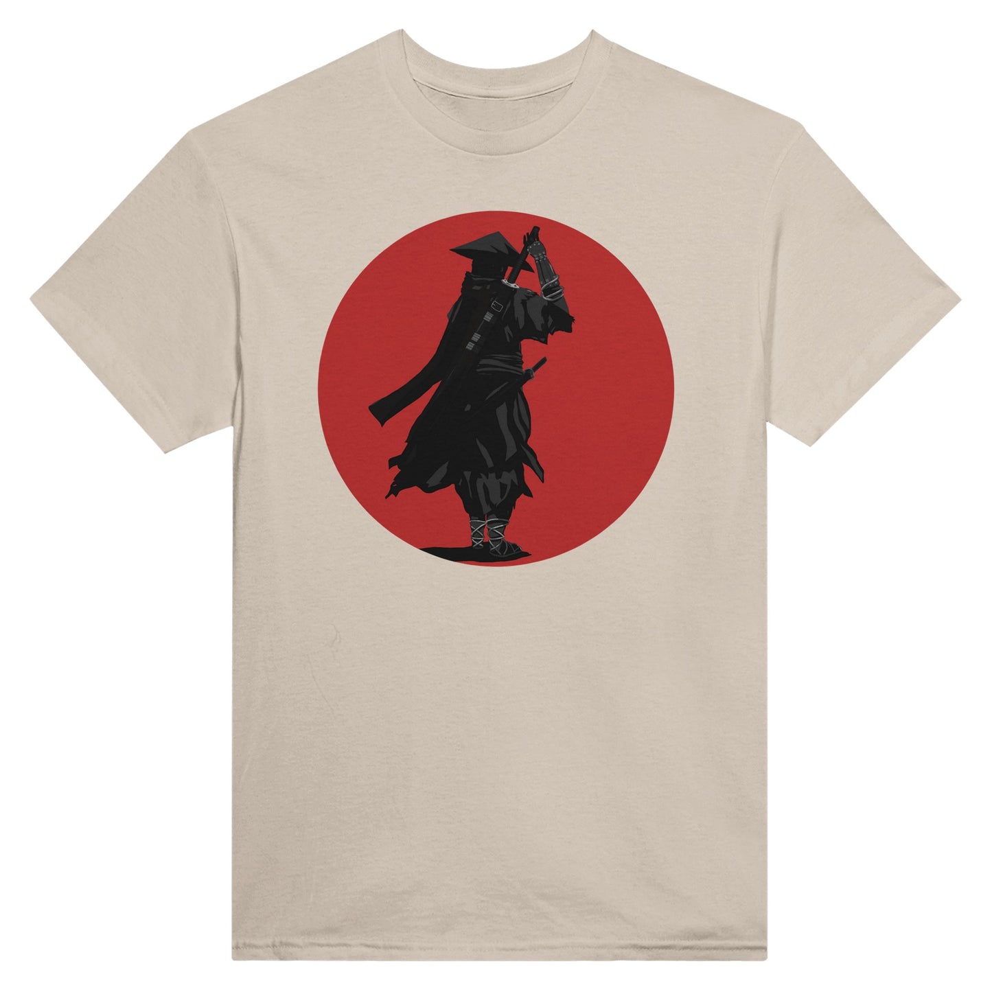 Sand coloured t-shirt featuring a print of a lone ronin, depicted in silhouette, standing with a sword in front of a red circle backdrop.