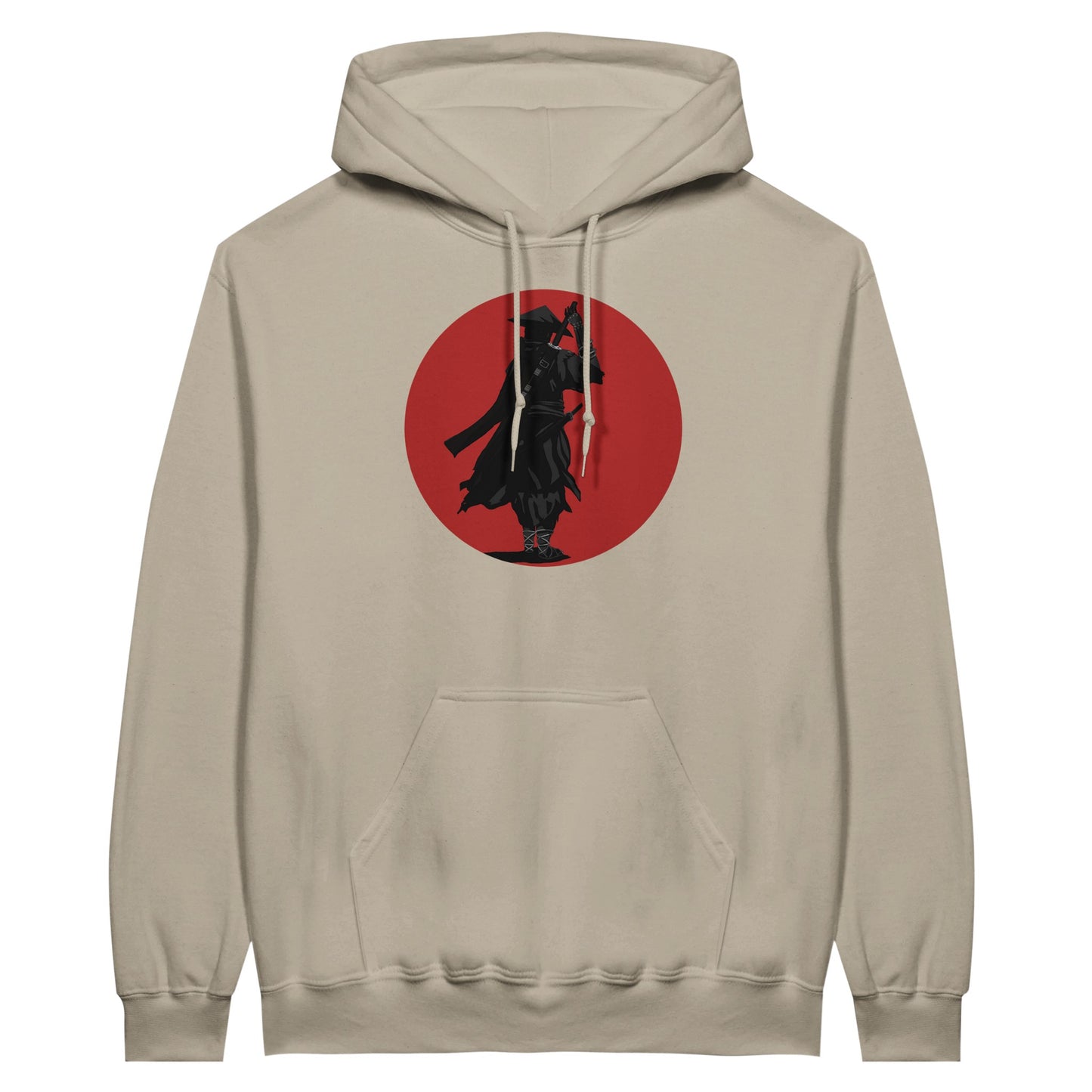 Sand coloured value hoodie featuring a print of a lone ronin, depicted in silhouette, standing with a sword in front of a red circle backdrop.