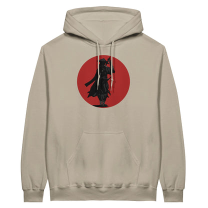 Sand coloured value hoodie featuring a print of a lone ronin, depicted in silhouette, standing with a sword in front of a red circle backdrop.