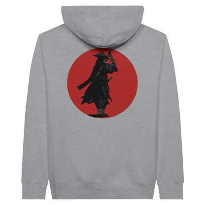 Sports grey coloured premium hoodie featuring a print of a lone ronin, depicted in silhouette, standing with a sword in front of a red circle backdrop.