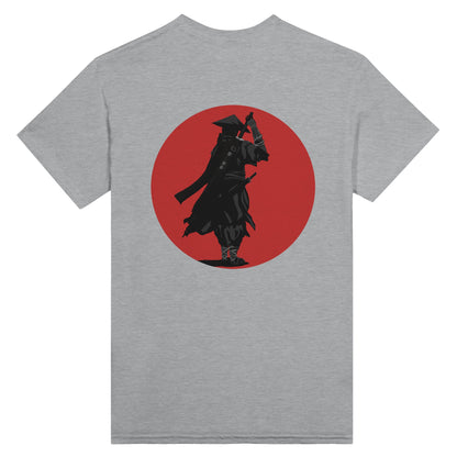 Sports grey coloured t-shirt featuring a print of a lone ronin, depicted in silhouette, standing with a sword in front of a red circle backdrop.