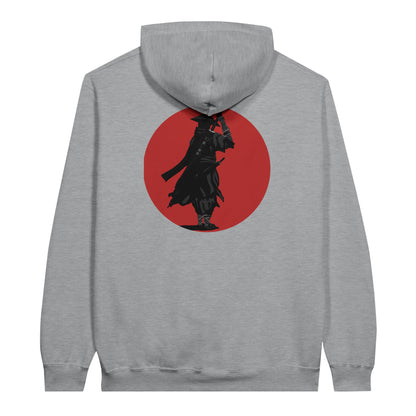 Sports grey coloured value hoodie featuring a print of a lone ronin, depicted in silhouette, standing with a sword in front of a red circle backdrop.