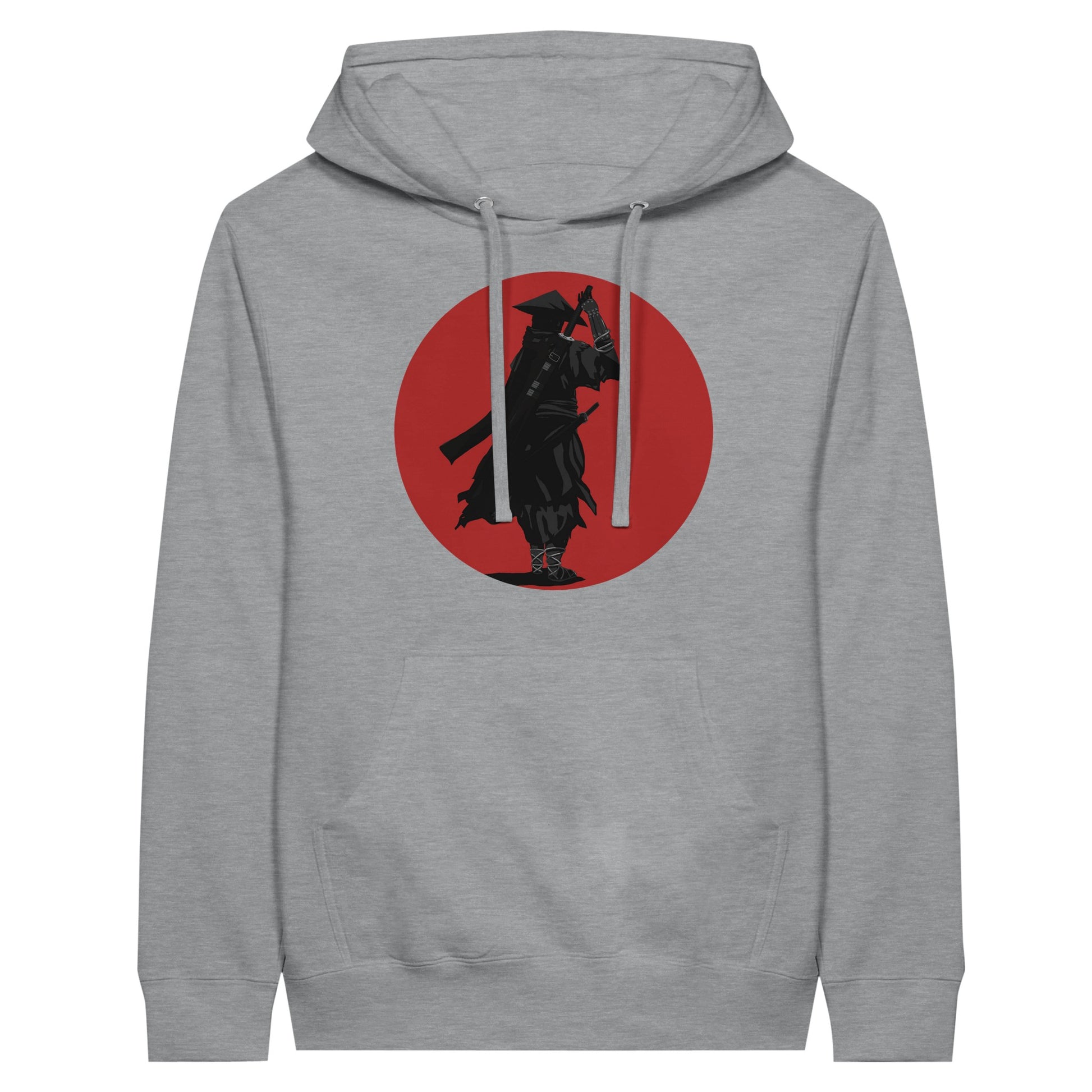 Sports grey coloured premium hoodie featuring a print of a lone ronin, depicted in silhouette, standing with a sword in front of a red circle backdrop.