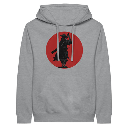 Sports grey coloured premium hoodie featuring a print of a lone ronin, depicted in silhouette, standing with a sword in front of a red circle backdrop.