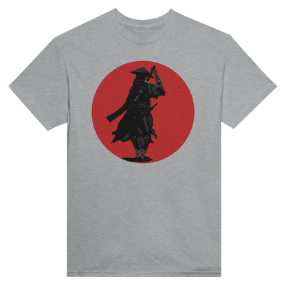 Sports grey coloured t-shirt featuring a print of a lone ronin, depicted in silhouette, standing with a sword in front of a red circle backdrop.