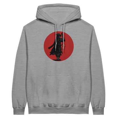 Sports grey coloured value hoodie featuring a print of a lone ronin, depicted in silhouette, standing with a sword in front of a red circle backdrop.