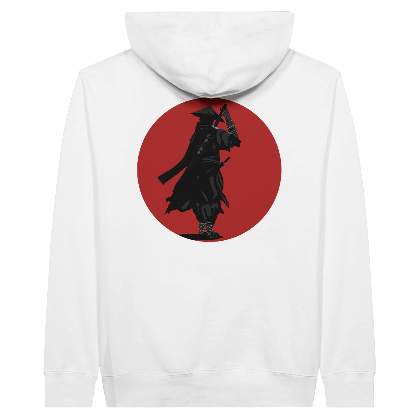 White premium hoodie featuring a print of a lone ronin, depicted in silhouette, standing with a sword in front of a red circle backdrop.