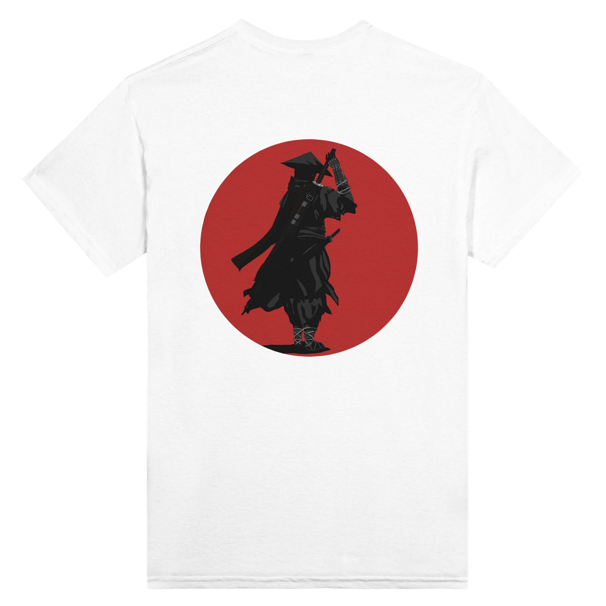 White t-shirt featuring a print of a lone ronin, depicted in silhouette, standing with a sword in front of a red circle backdrop.