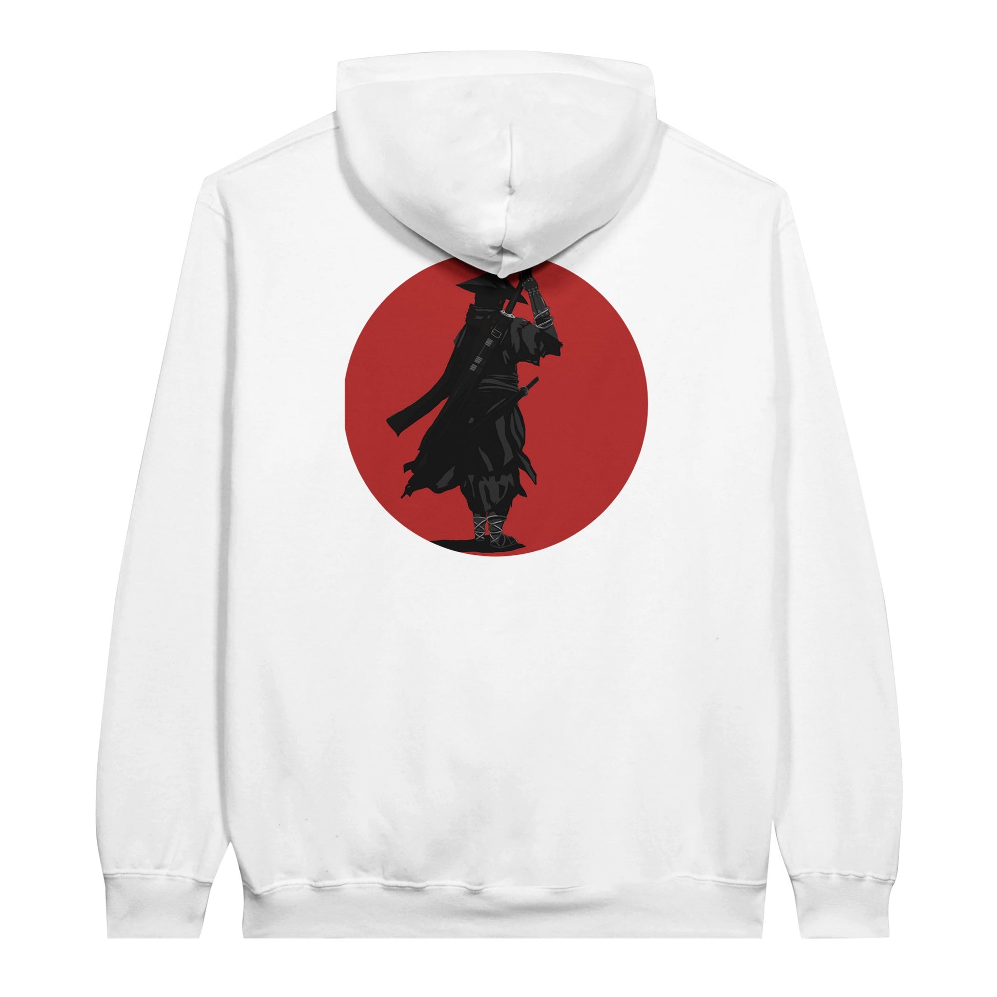 White value hoodie featuring a print of a lone ronin, depicted in silhouette, standing with a sword in front of a red circle backdrop.