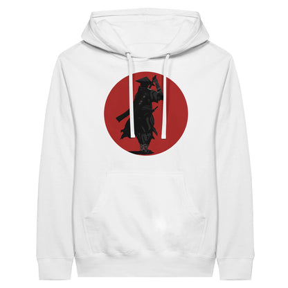 White premium hoodie featuring a print of a lone ronin, depicted in silhouette, standing with a sword in front of a red circle backdrop.