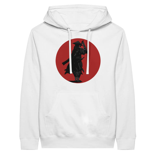 White premium hoodie featuring a print of a lone ronin, depicted in silhouette, standing with a sword in front of a red circle backdrop.