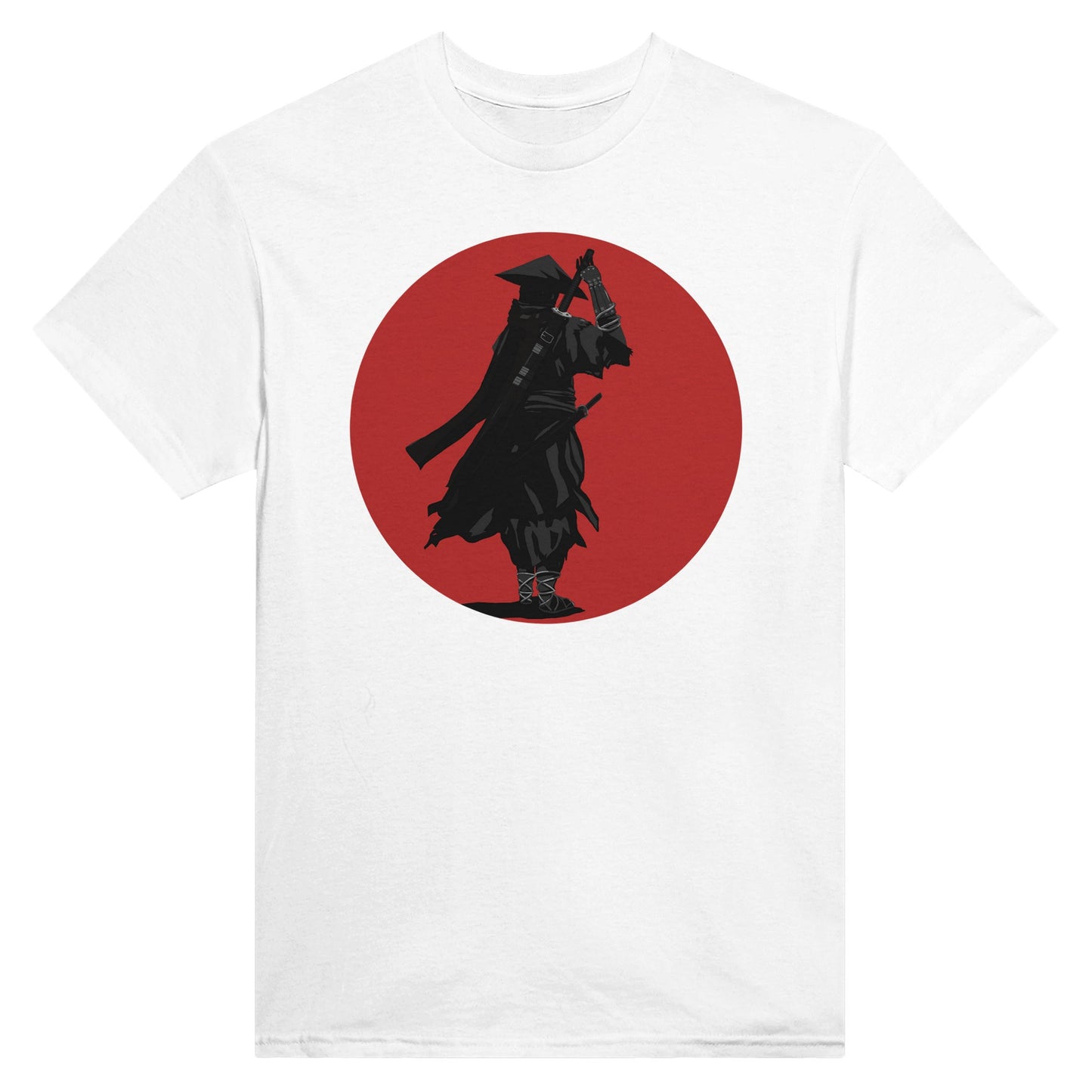 White t-shirt featuring a print of a lone ronin, depicted in silhouette, standing with a sword in front of a red circle backdrop.