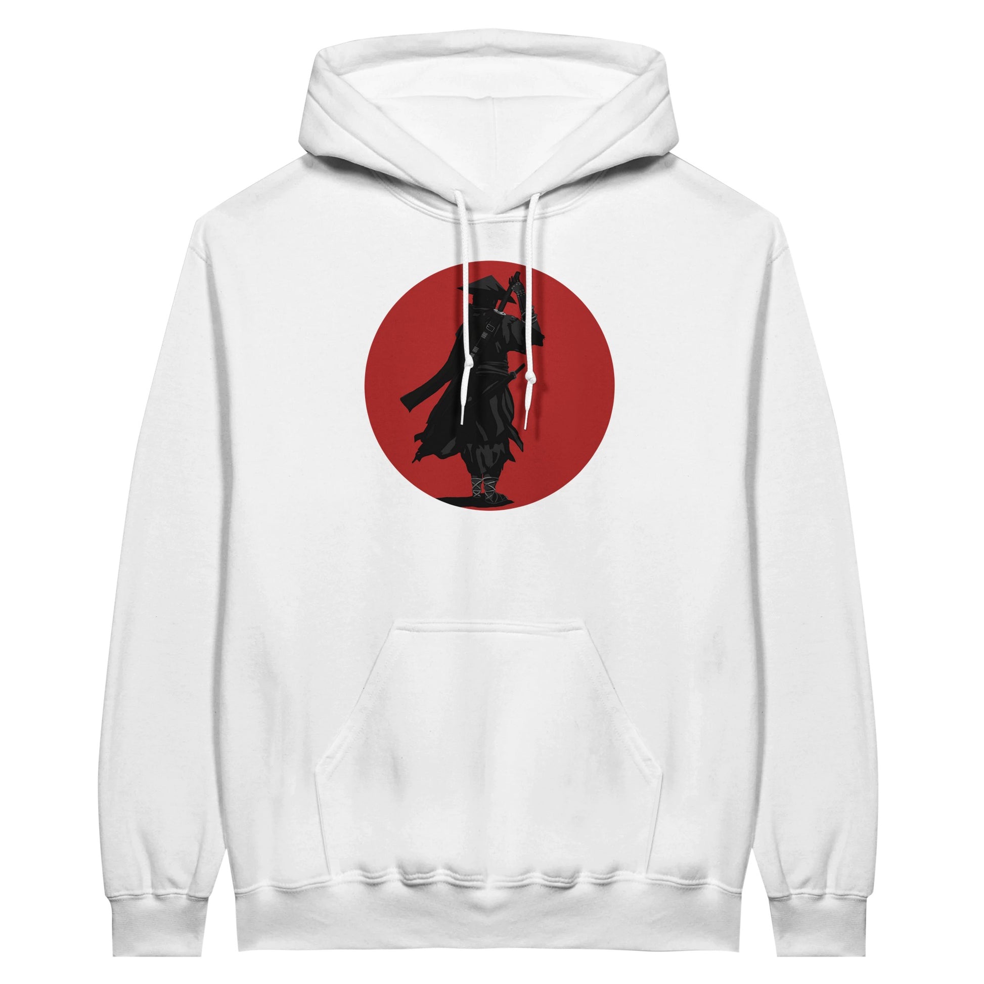 White value hoodie featuring a print of a lone ronin, depicted in silhouette, standing with a sword in front of a red circle backdrop.